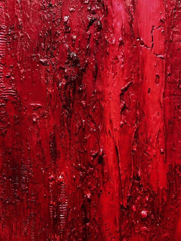 Detail of Nevertheless by Joanna Beckett: red impasto ridges, scraped passages and dark crevices